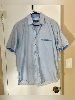Fernando Pena Cotton Men's Blue & White Short-Sleeve Button-Down Shirt, Large